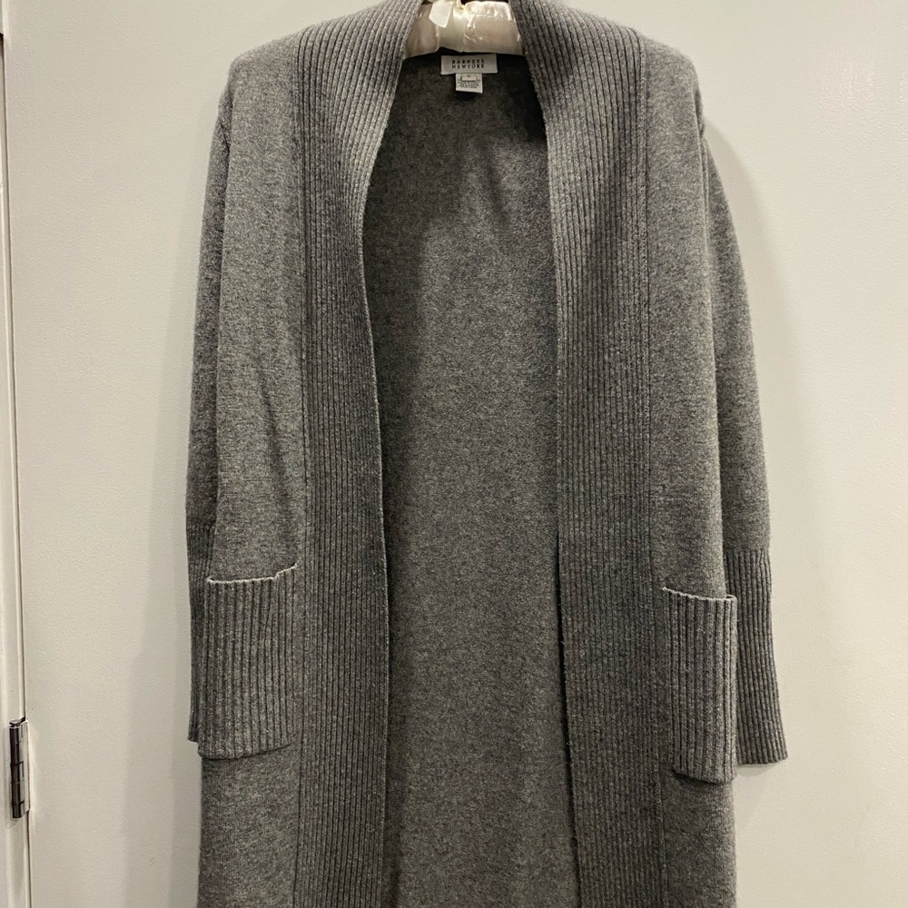Barneys grey long sweater cardigan, 70% wool/30% cashmere